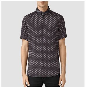 All Saints Kapow Washed Black Flower Floral Button Half Sleeve Shirt Goth Emo